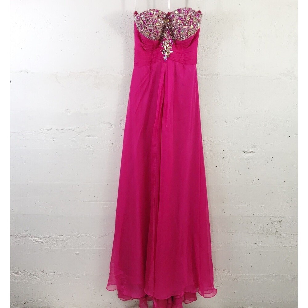 Riva Designs Fuscia Pink Beaded Chiffon Overlay Prom Formal Maxi Dress Size: 6